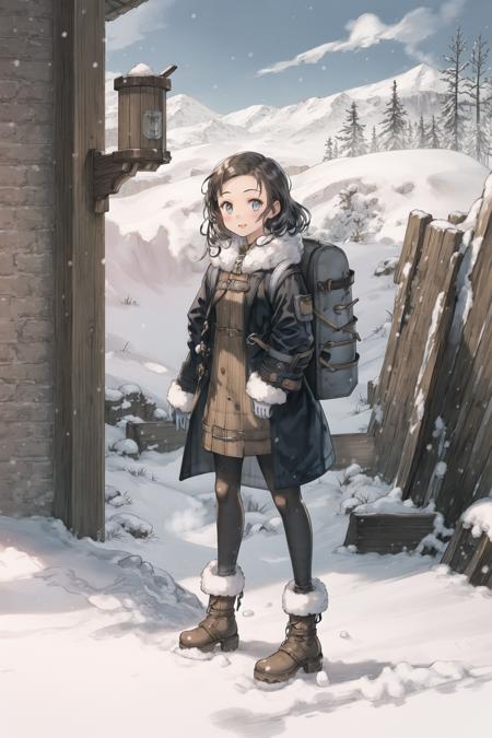 00337-473792935-masterpiece,best quality,nostalgic,illustration, 1girl, solo, adventurer,winter,(face_1.2),snow,steam,landscape,Wooden backpack,.png